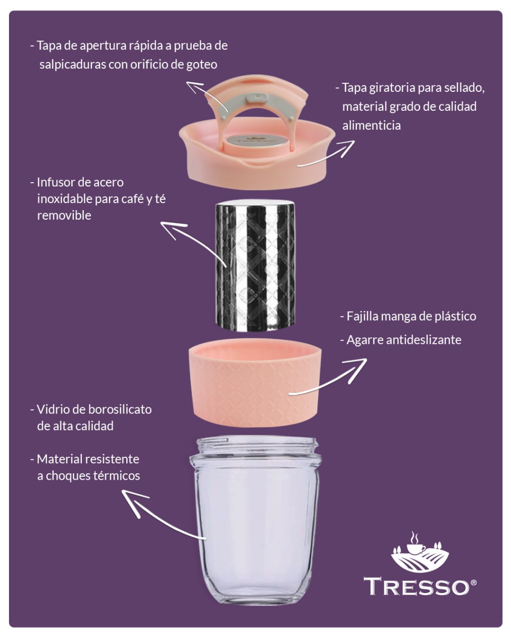 Travel glass with infuser to prepare coffee and tea