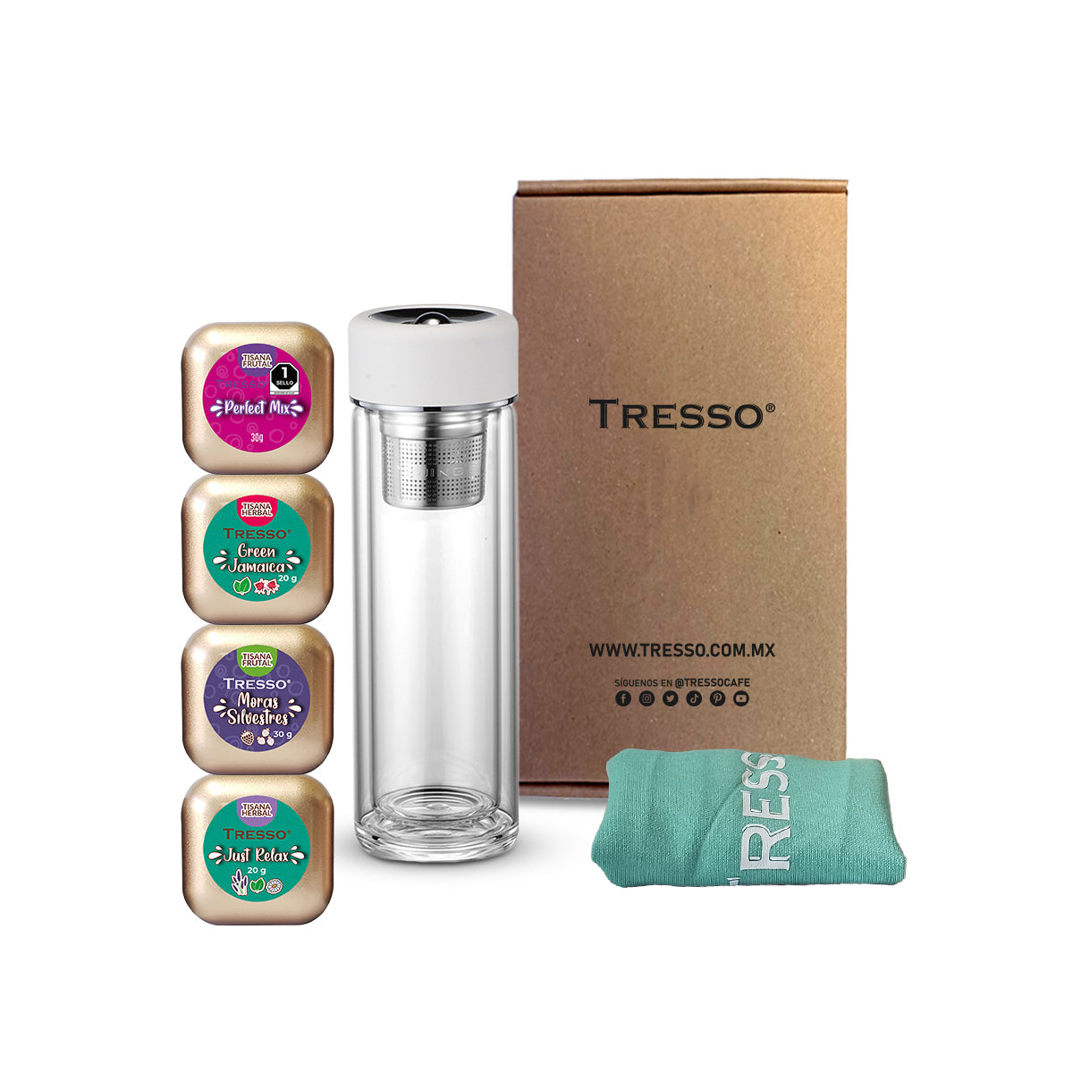 Kit de té con botella de vidrio doble pared con filtro magnético