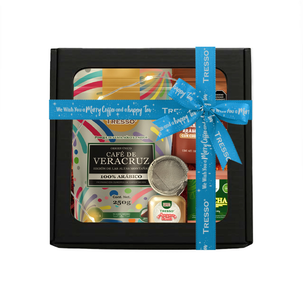 Regalo de café y té + granos con chocolate con luces led