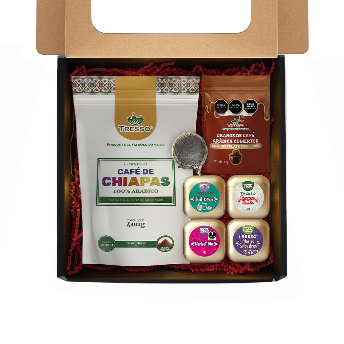 Regalo de café y tisanas con infusor + granos de cafe con chocolate con luces led