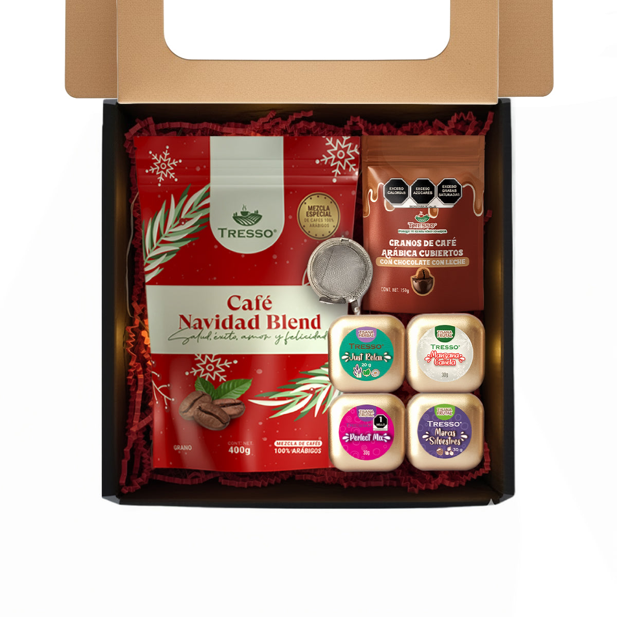 Regalo de café y tisanas con infusor + granos de cafe con chocolate con luces led