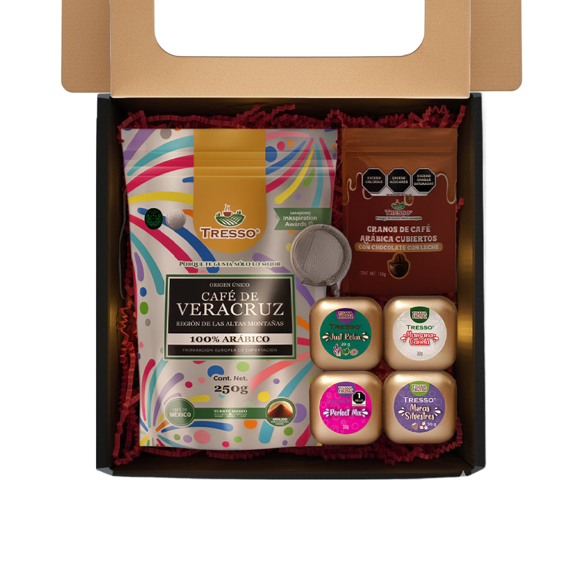 Regalo de café y tisanas con infusor + granos de cafe con chocolate con luces led