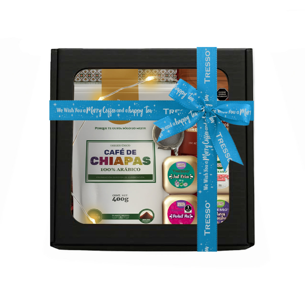 Regalo de café y tisanas con infusor + granos de cafe con chocolate con luces led