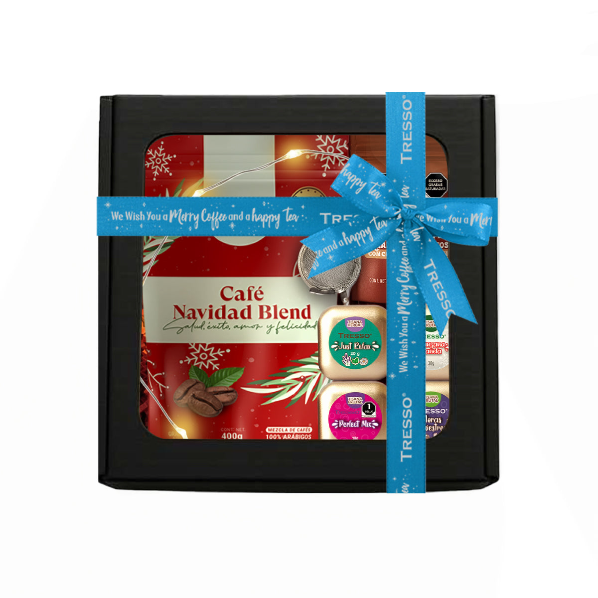 Regalo de café y tisanas con infusor + granos de cafe con chocolate con luces led