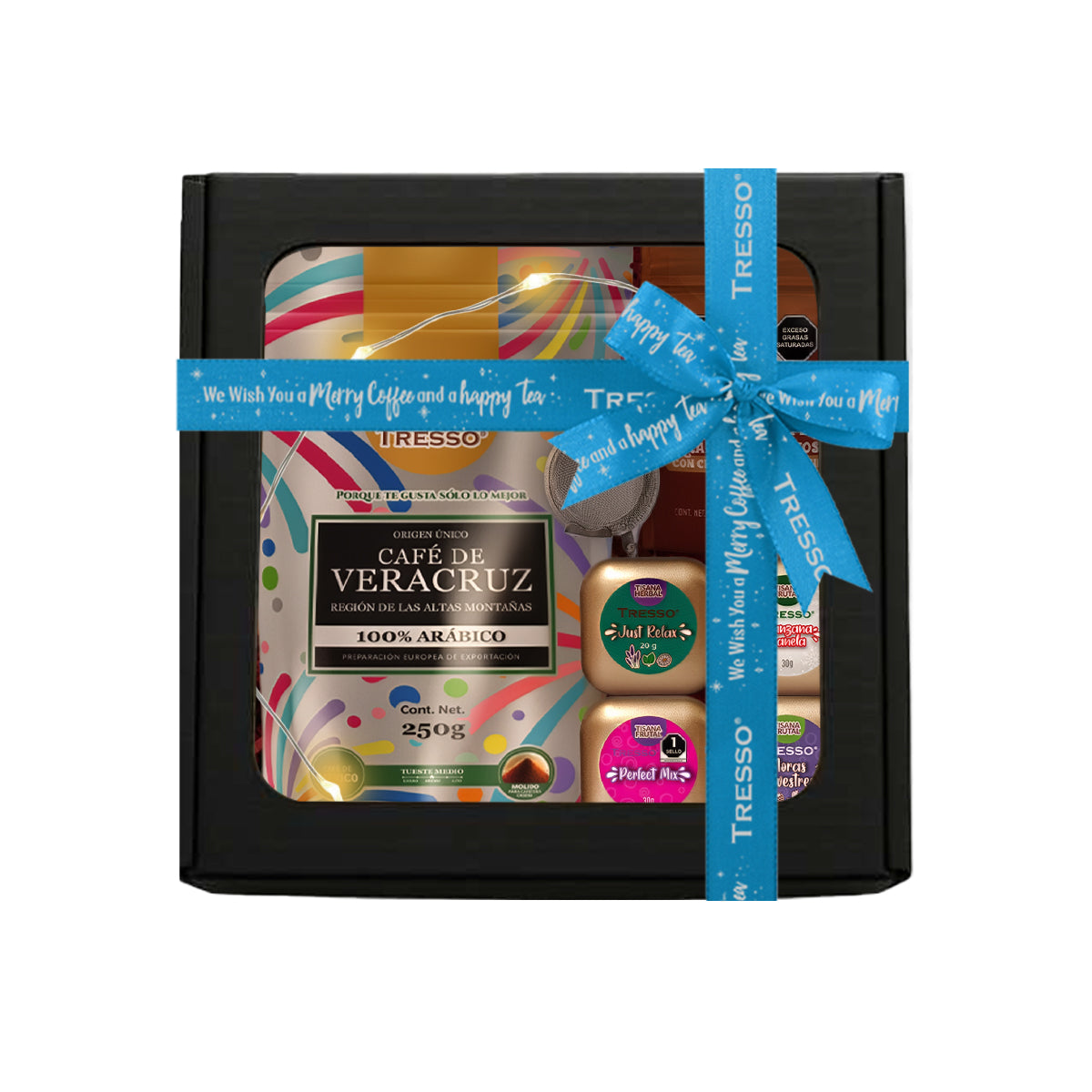 Regalo de café y tisanas con infusor + granos de cafe con chocolate con luces led