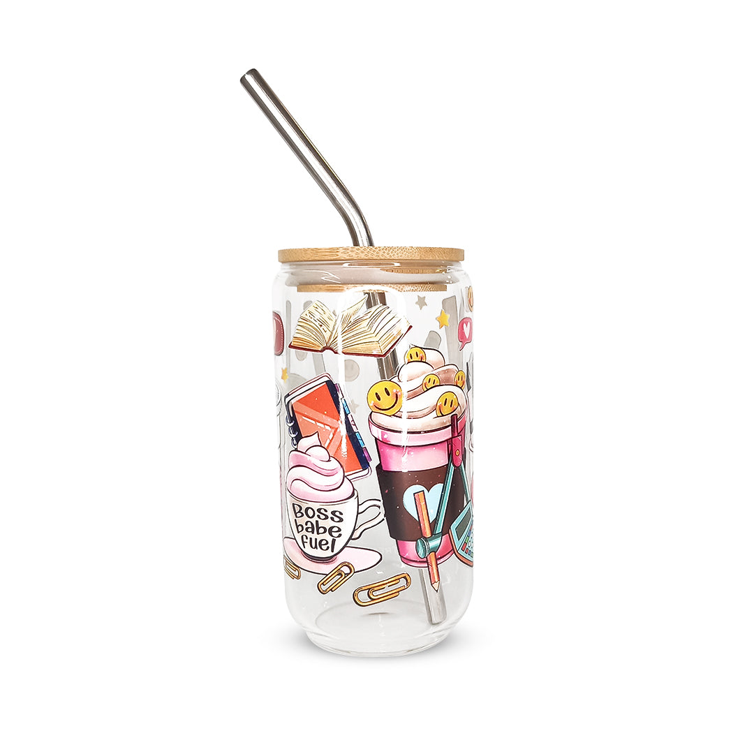 Pack 4 vasos de cristal sublimados diferentes diseños 320ml con popote