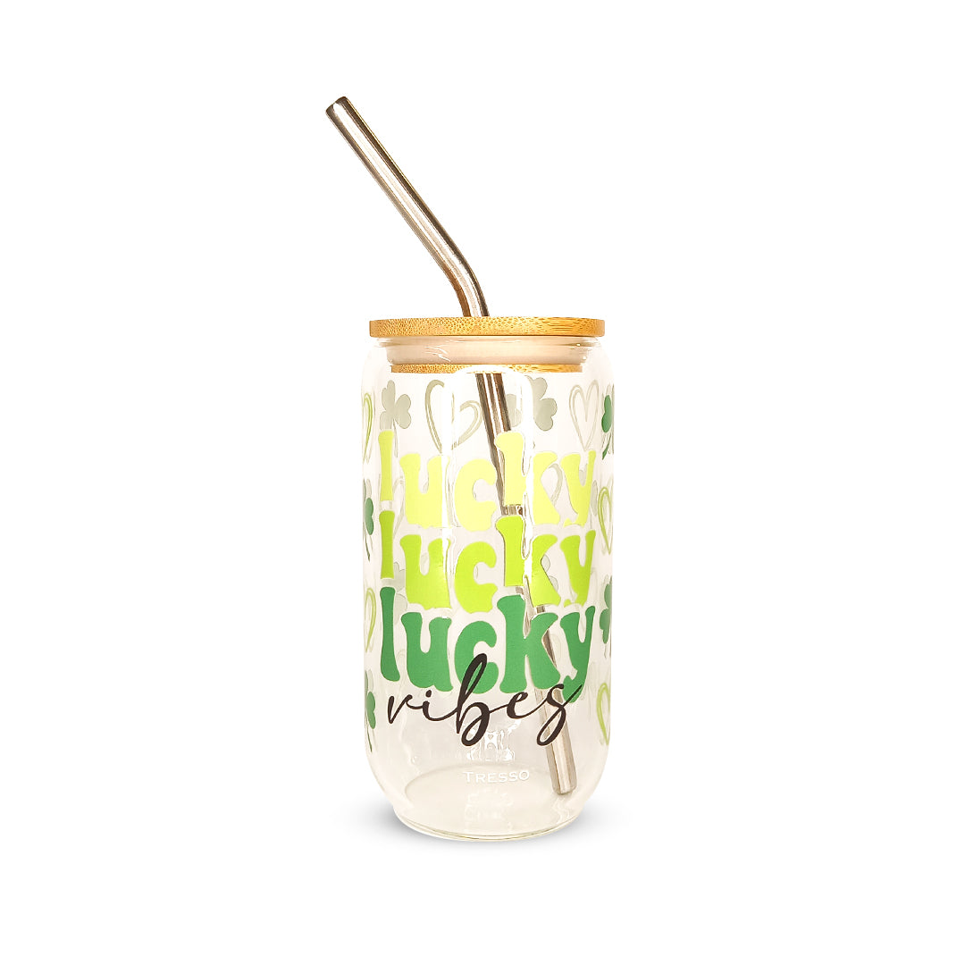 Pack 4 vasos de cristal sublimados diferentes diseños 320ml con popote