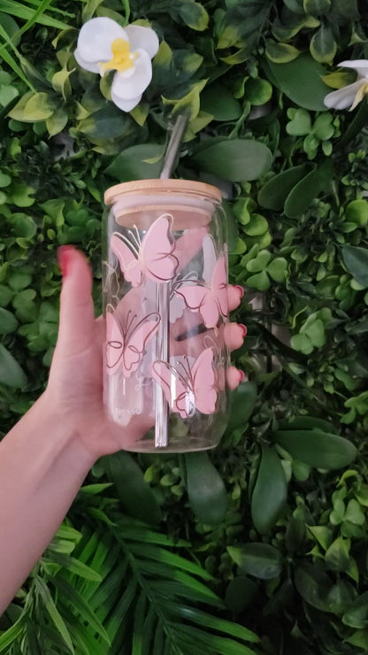 Vaso de cristal sublimado diferentes diseños de mariposas 320 ml con popote