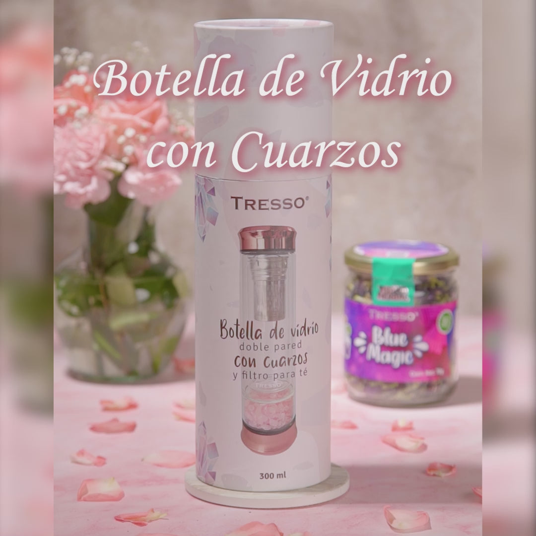 Botella de vidrio doble pared con filtro para té y cuarzos decorativos 300 ml