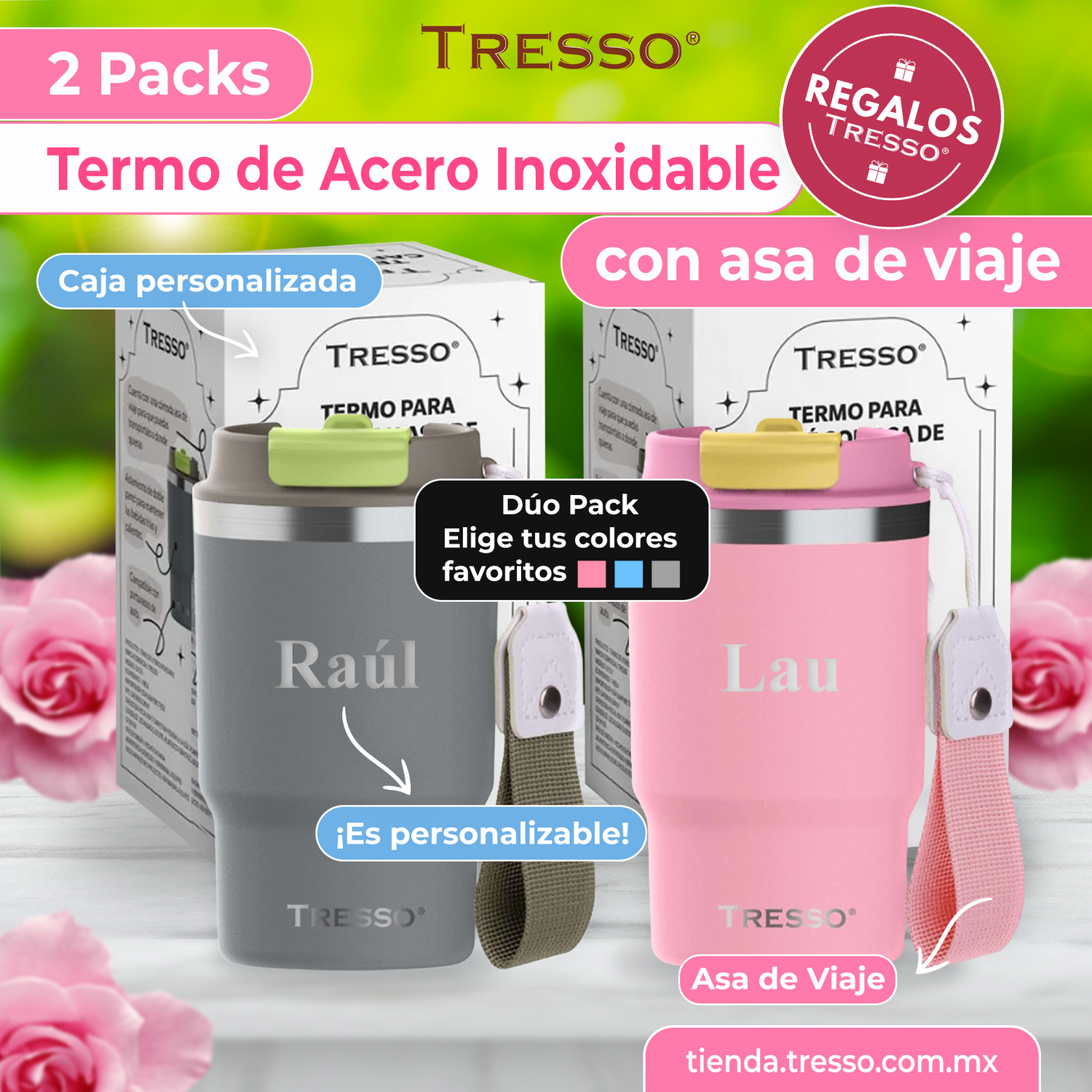 2 pack termo de acero inoxidable con asa de viaje
