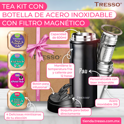 Tea kit con botella de acero inoxidable con filtro magnético