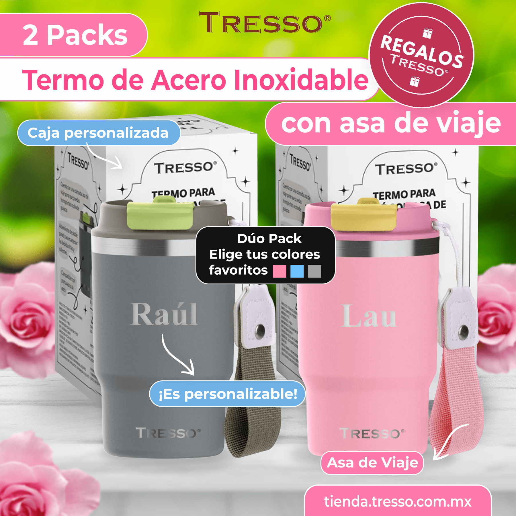 2 pack termo de acero inoxidable con asa de viaje - TRESSO®