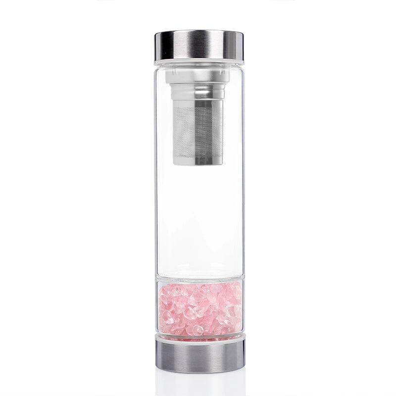 Botella de vidrio doble pared con filtro para té y cuarzos decorativos color rosa 300 ml