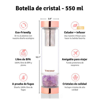 Double wall glass bottle with tea filter and decorative pink quartz 300 ml
