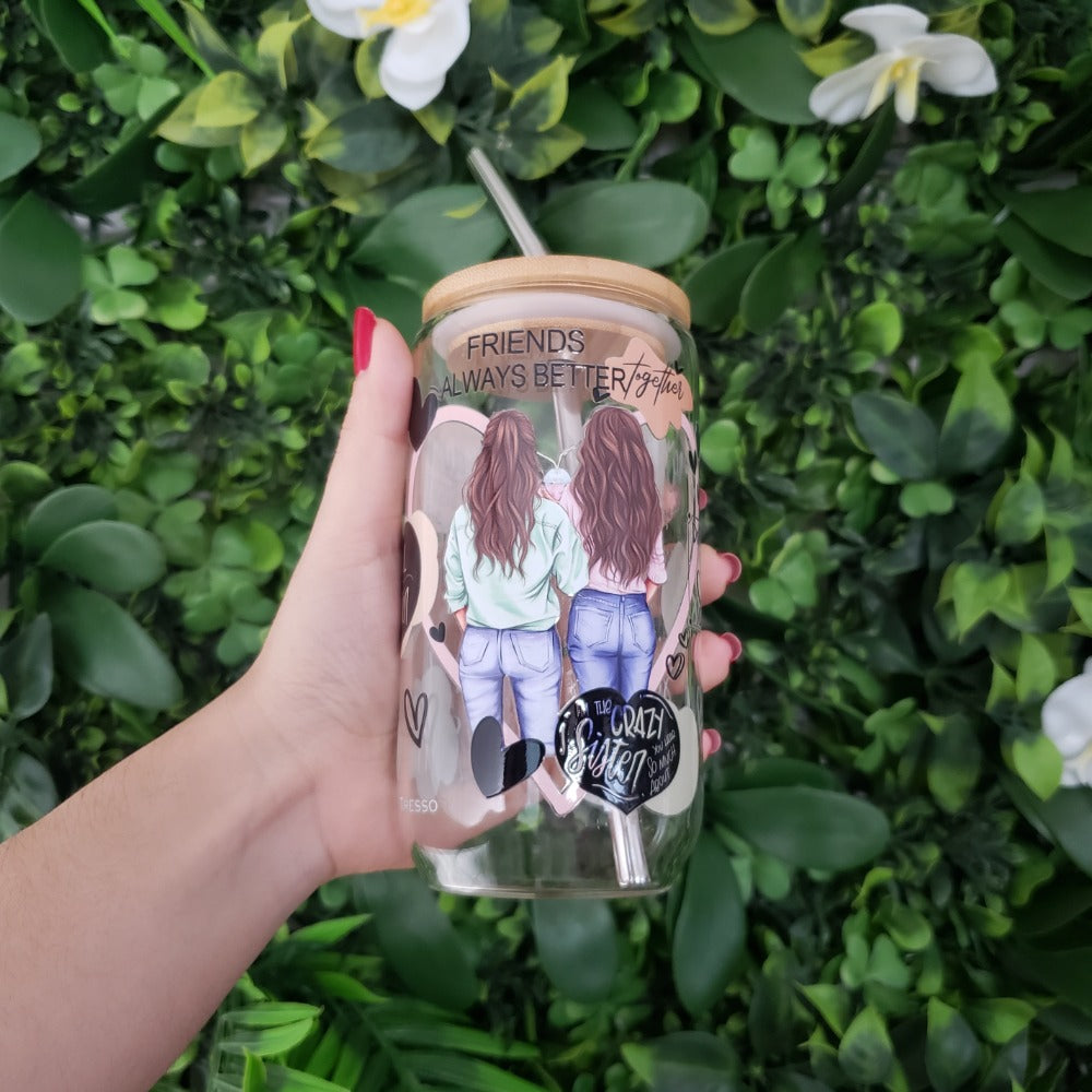 Vaso de cristal sublimado con diseño de amistad 320 ml con popote