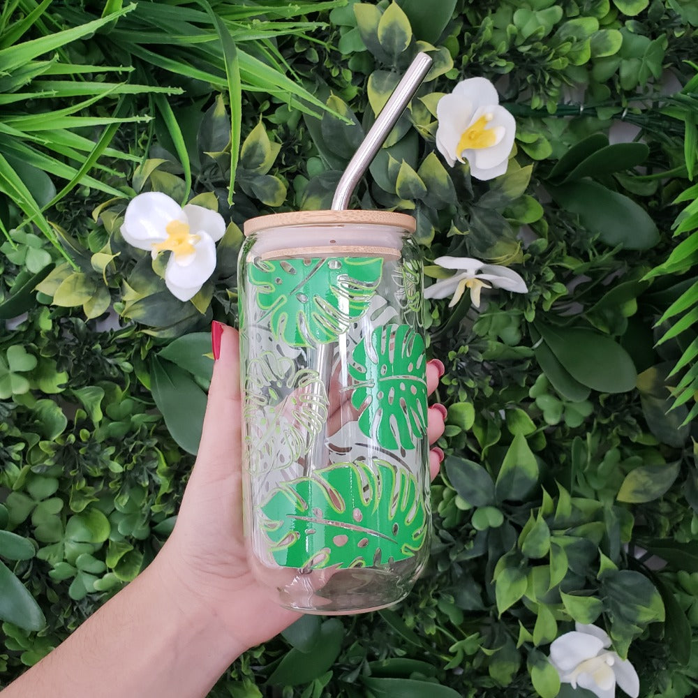 Vaso de cristal sublimado con diseño green living hojas 320 ml con popote
