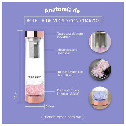 Botella de vidrio doble pared con filtro para té y cuarzos decorativos 300 ml - TRESSO® 