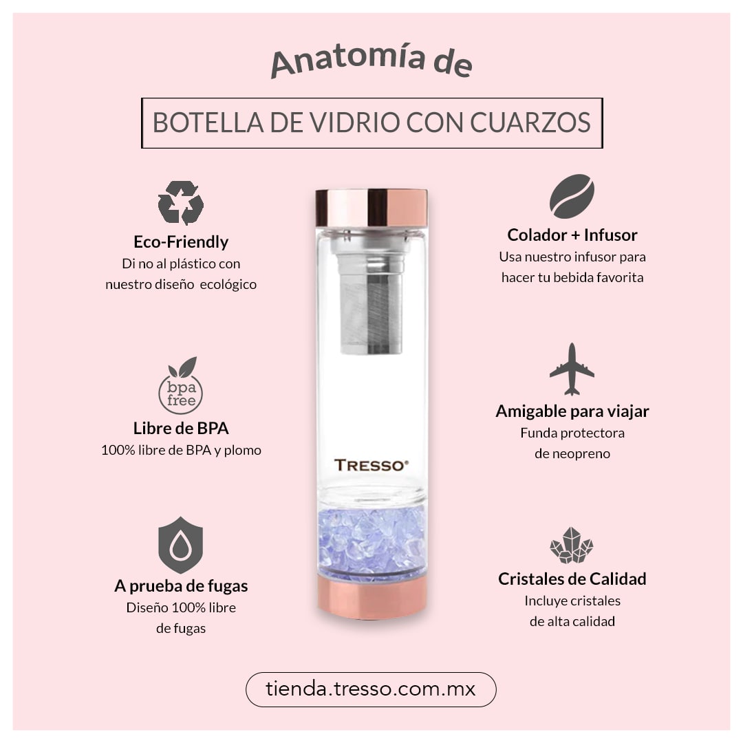 Botella de vidrio doble pared con filtro para té y cuarzos decorativos 300 ml - TRESSO® 