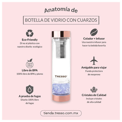 Botella de vidrio doble pared con filtro para té y cuarzos decorativos 300 ml - TRESSO® 