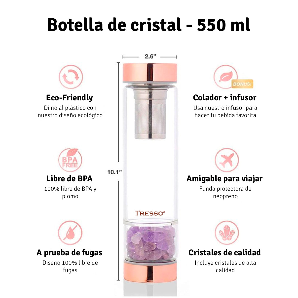 Botella de vidrio doble pared con filtro para té y cuarzos decorativos 300 ml - TRESSO® 