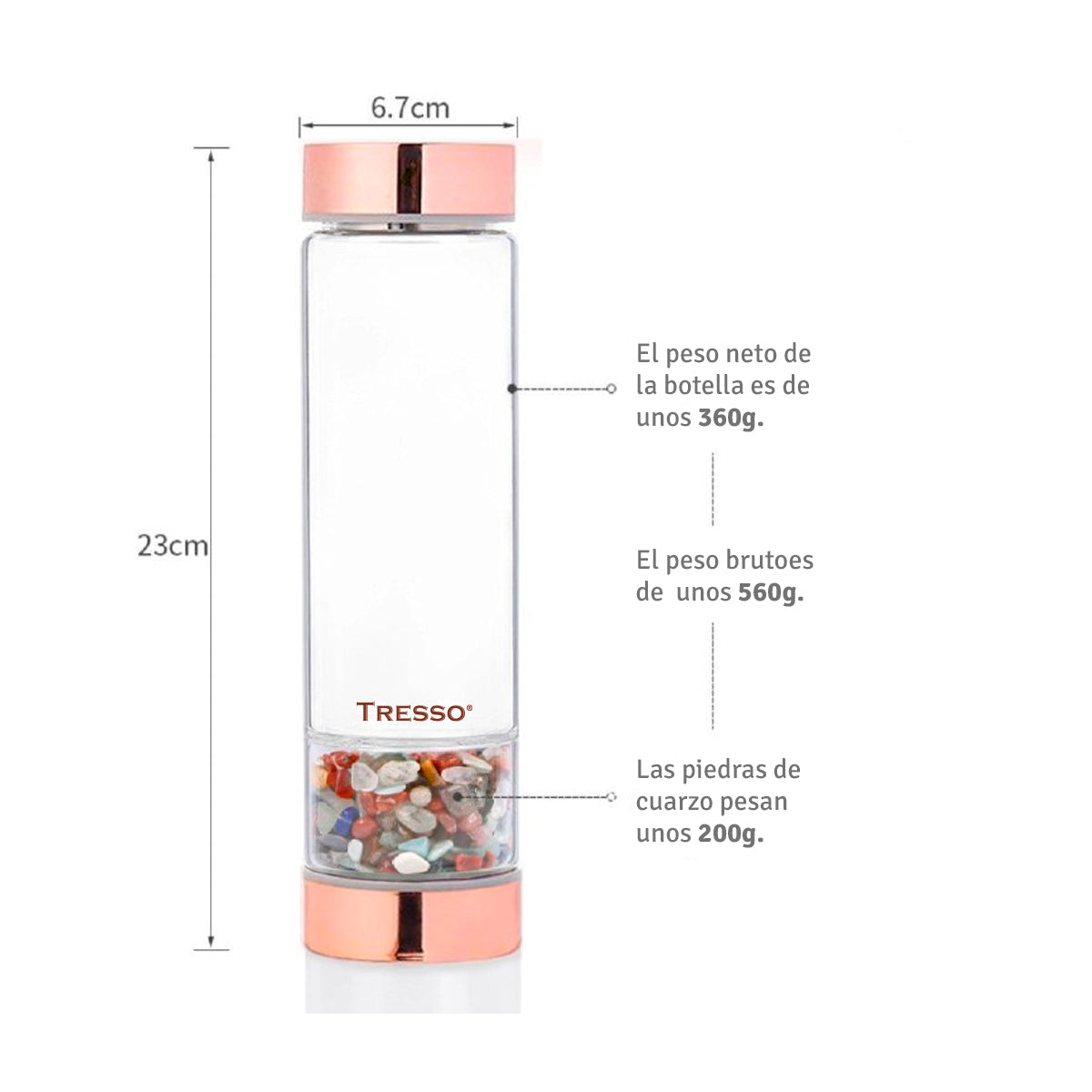 Botella de vidrio doble pared con filtro para té y cuarzos decorativos 300 ml - TRESSO® 