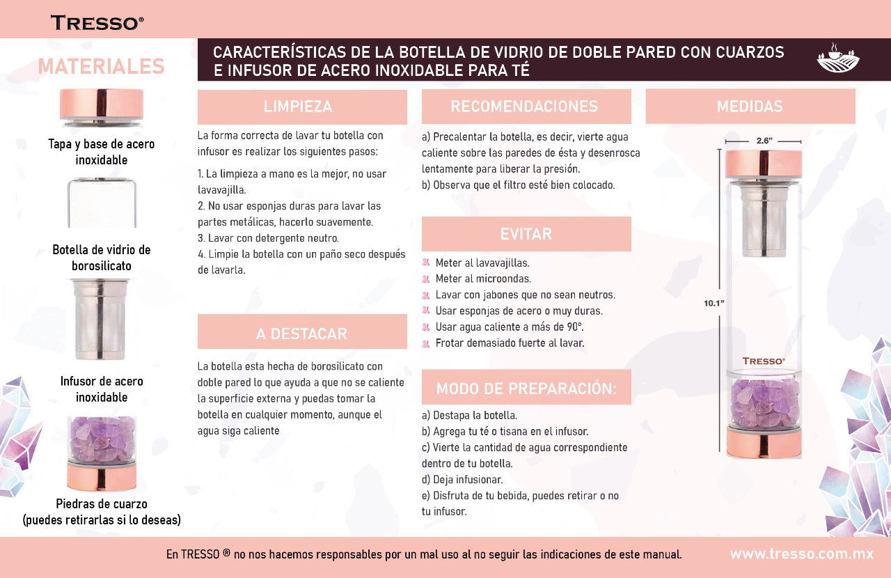 Botella de vidrio doble pared con filtro para té y cuarzos decorativos 300 ml - TRESSO® 