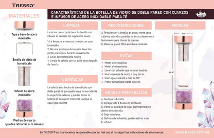 Botella de vidrio doble pared con filtro para té y cuarzos decorativos 300 ml - TRESSO® 