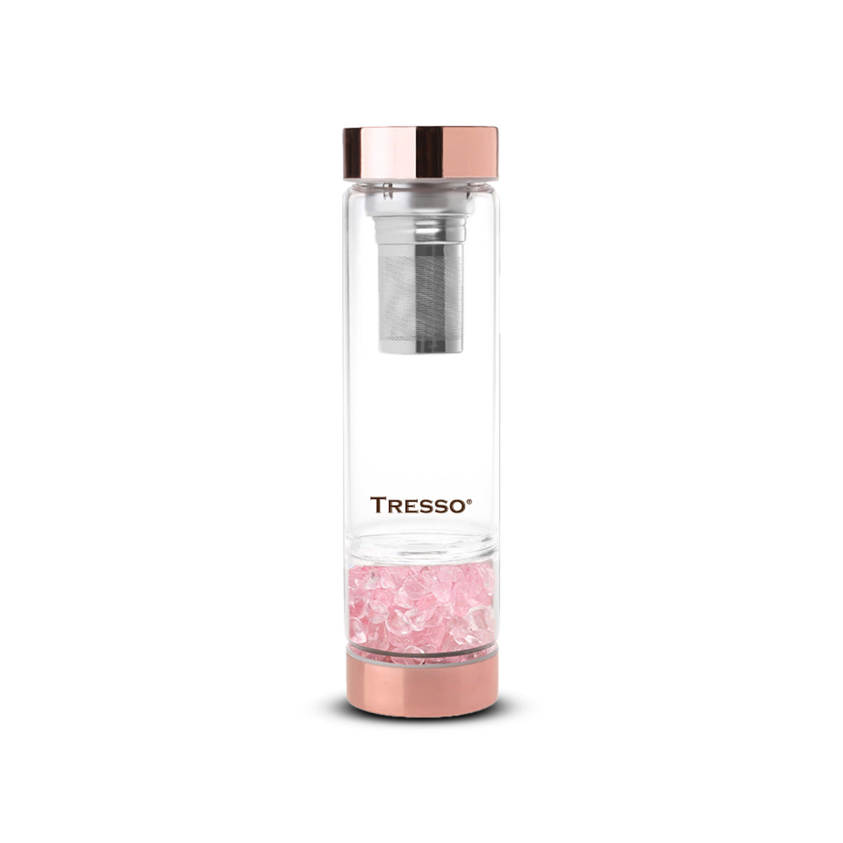 Botella de vidrio doble pared con filtro para té y cuarzos decorativos 300 ml - TRESSO® 