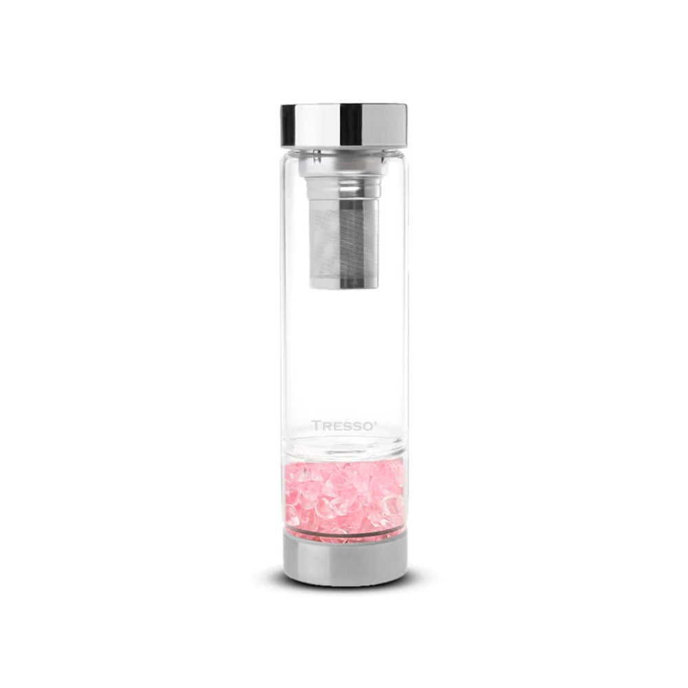 Botella de vidrio doble pared con filtro para té y cuarzos decorativos 300 ml - TRESSO® 