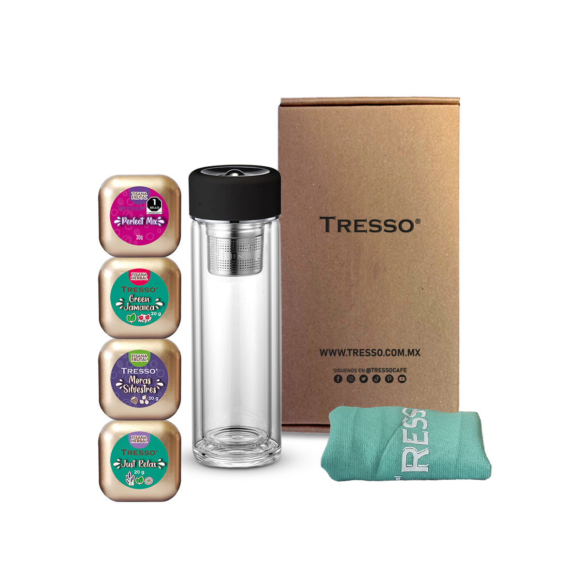 Kit de té con botella de vidrio doble pared con filtro magnético