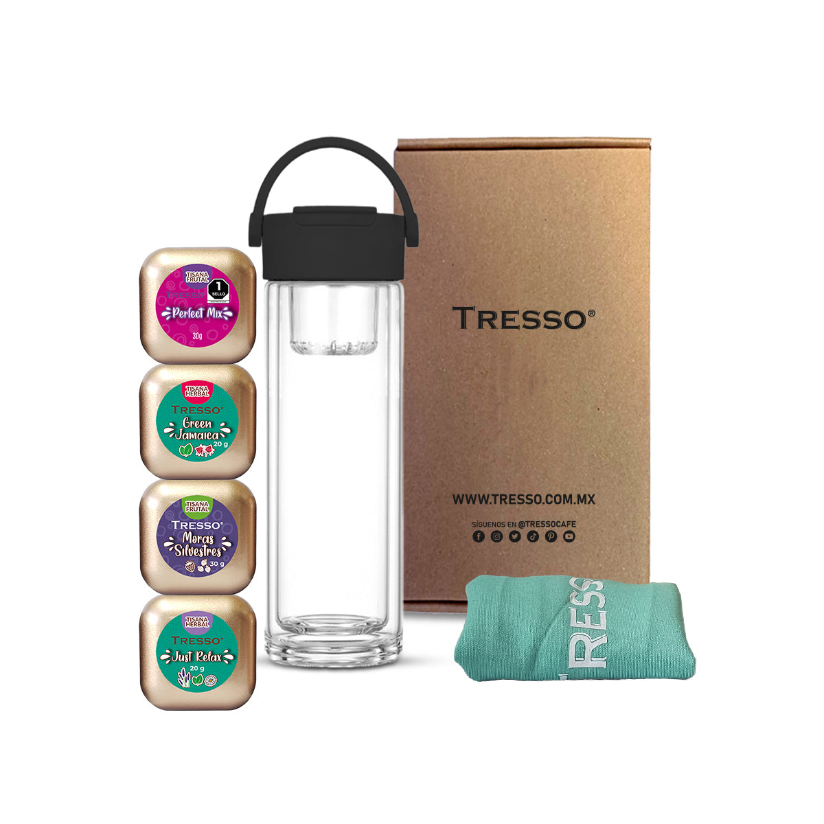 Tea kit con botella de vidrio doble pared con filtro magnético y asa de viaje