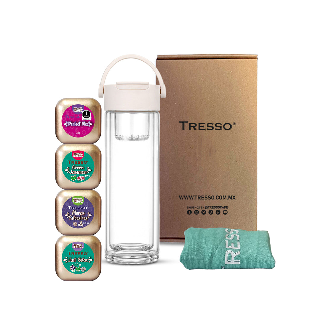 Tea kit con botella de vidrio doble pared con filtro magnético y asa de viaje