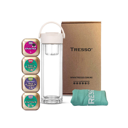 Tea kit con botella de vidrio doble pared con filtro magnético y asa de viaje