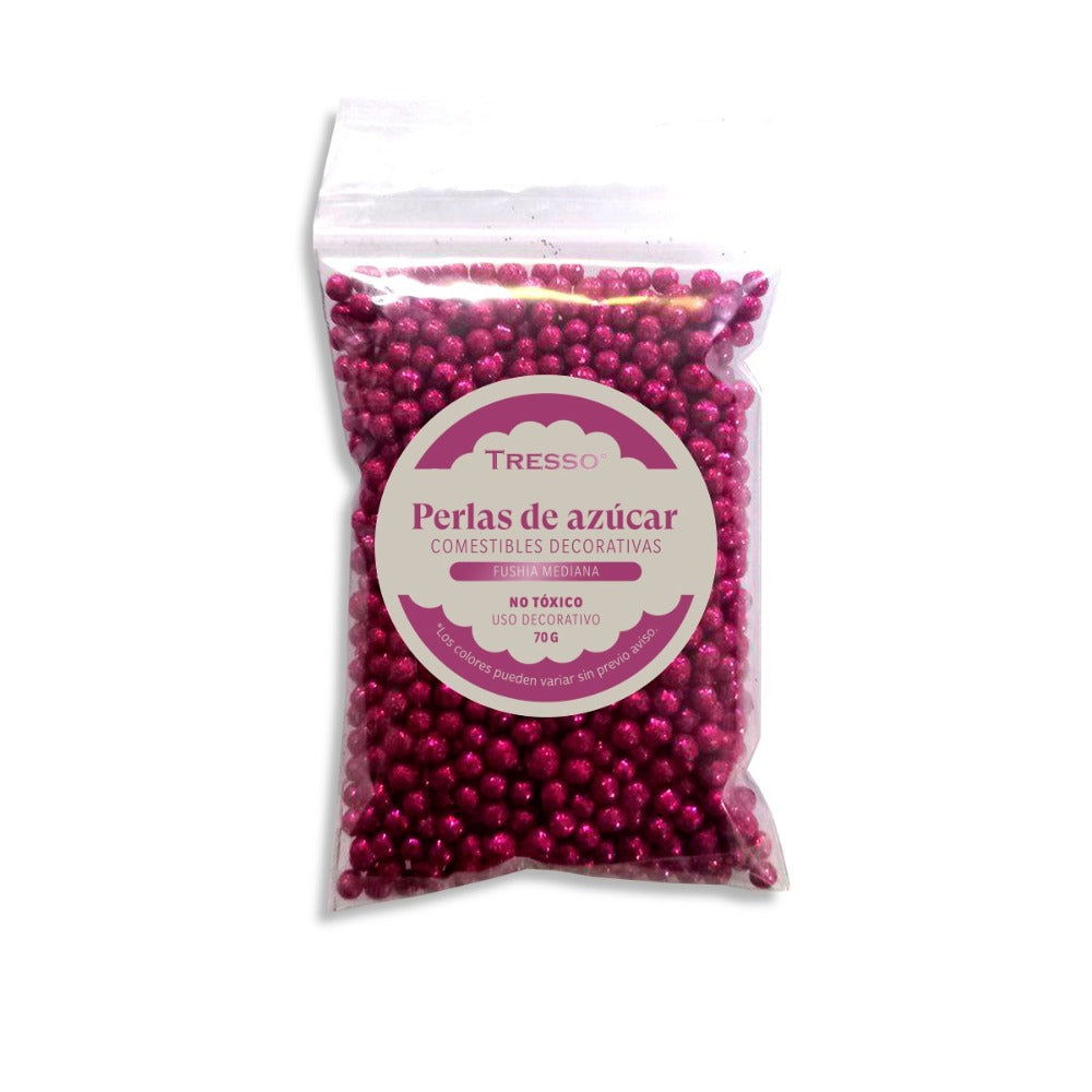Perlas de azúcar comestibles decorativas medianas color fushia 70g - TRESSO® 