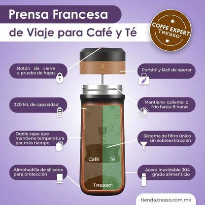 Prensa francesa de viaje antiderrames 320 ml - TRESSO® 