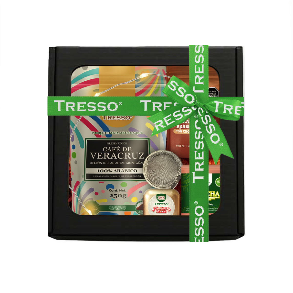Regalo de café y té + granos con chocolate con luces led