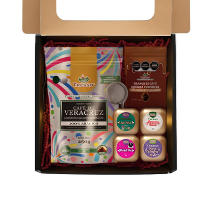 Regalo de café y tisanas con infusor + granos de cafe con chocolate