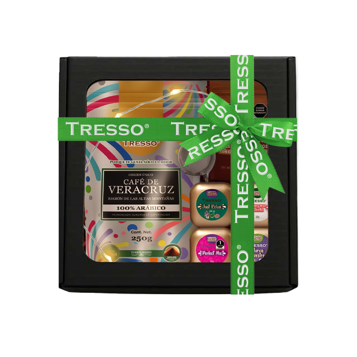Regalo de café y tisanas con infusor + granos de cafe con chocolate con luces led