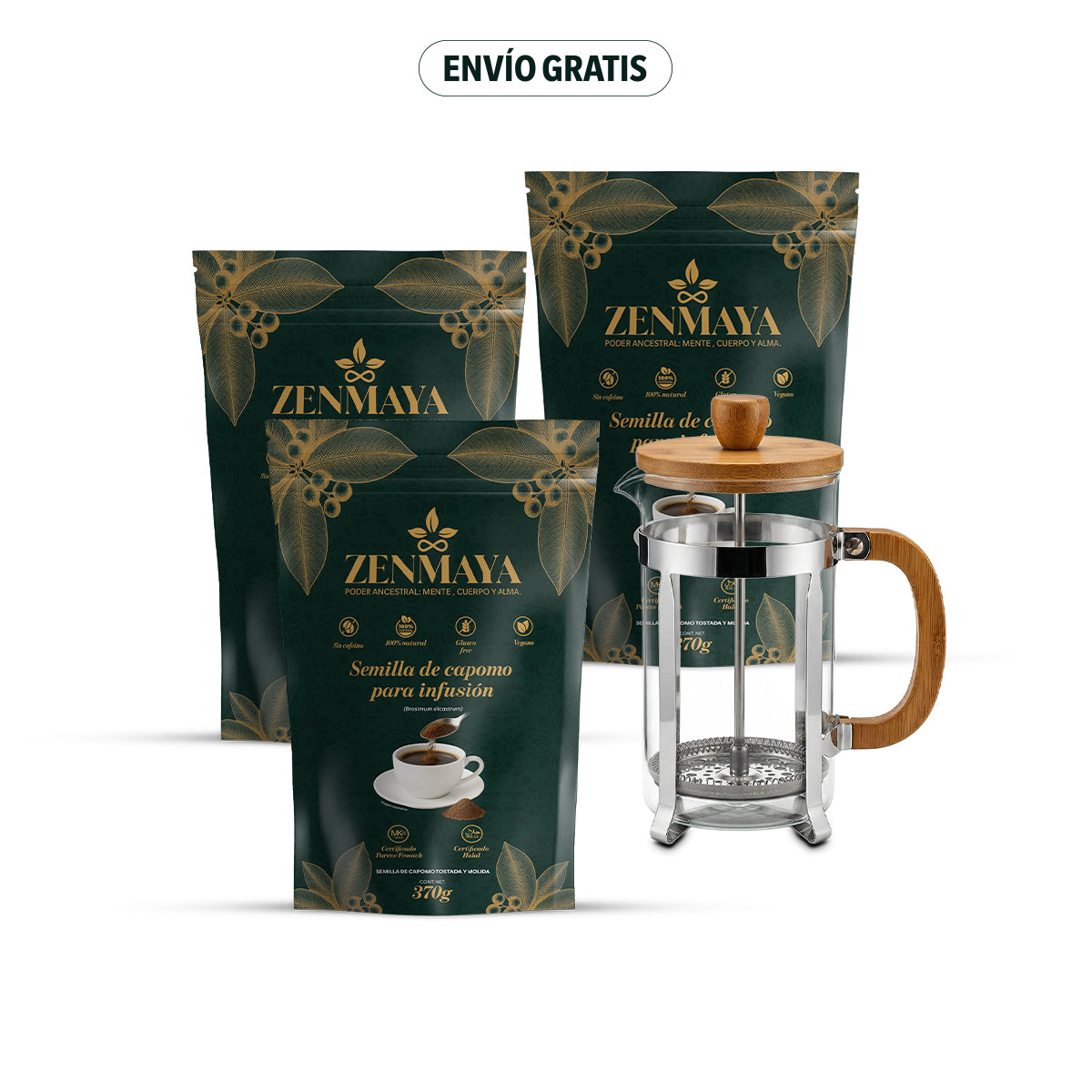 Kit tu ritual Zenmaya: 3 bolsas de semilla de Capomo tostada y molida para infusión 370g c/u + prensa francesa