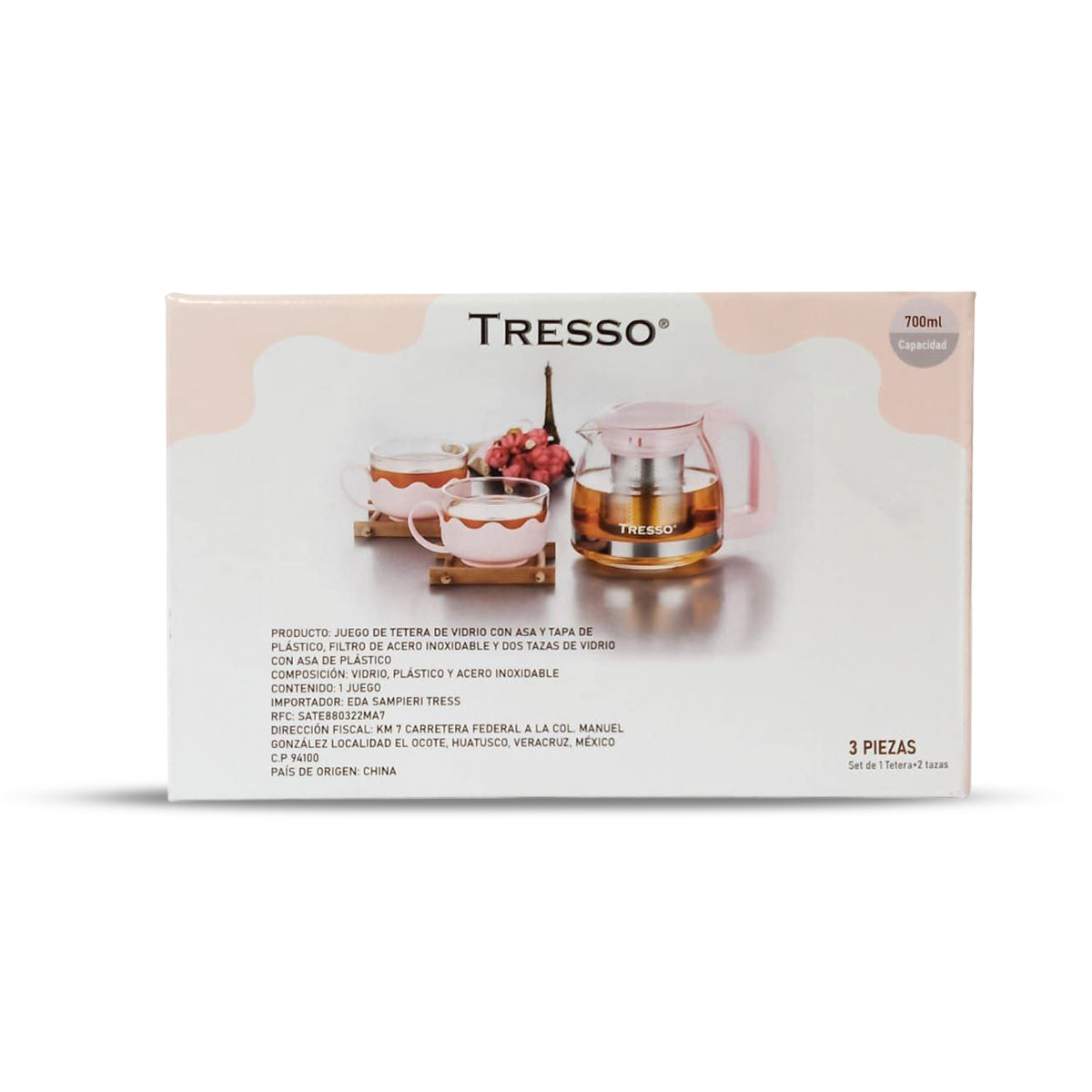 Set de Tetera de Vidrio con Dos Tazas Color Rosa - TRESSO® 