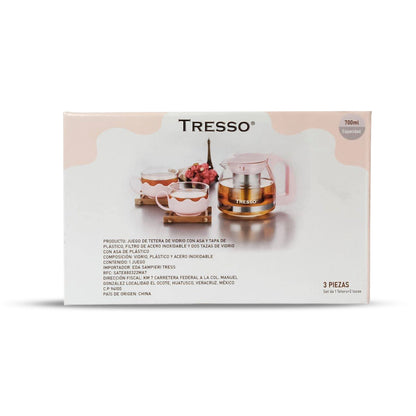Set de Tetera de Vidrio con Dos Tazas Color Rosa - TRESSO® 