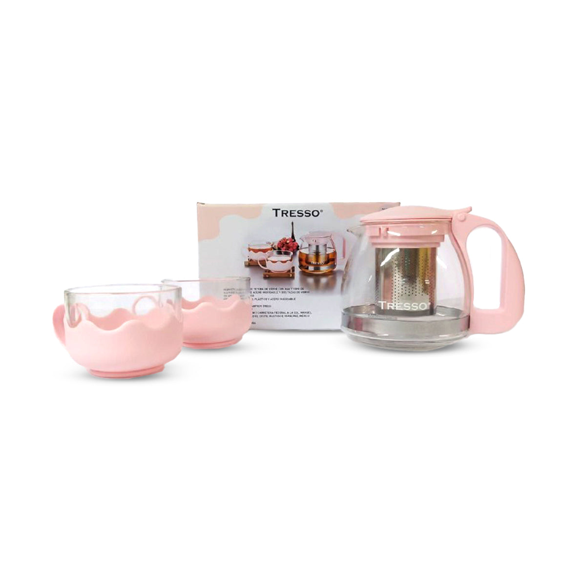 Set de Tetera de Vidrio con Dos Tazas Color Rosa - TRESSO® 