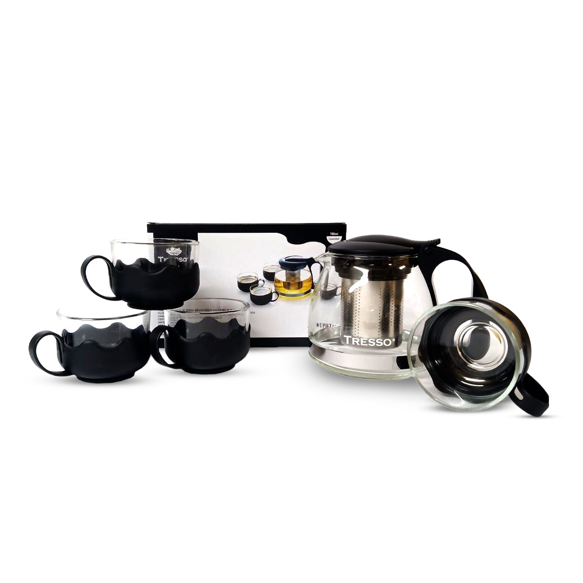 Set de Tetera de vidrio con Cuatro Tazas Color Negro - TRESSO® 