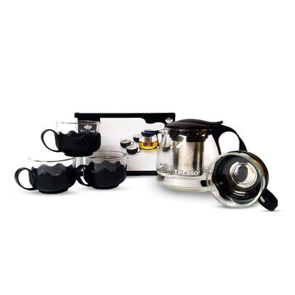Set de Tetera de vidrio con Cuatro Tazas Color Negro - TRESSO® 
