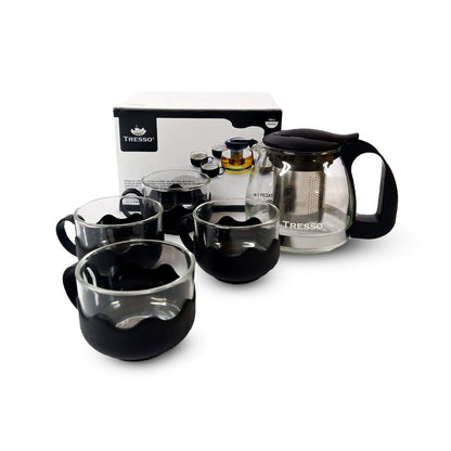 Set de Tetera de vidrio con Cuatro Tazas Color Negro - TRESSO® 