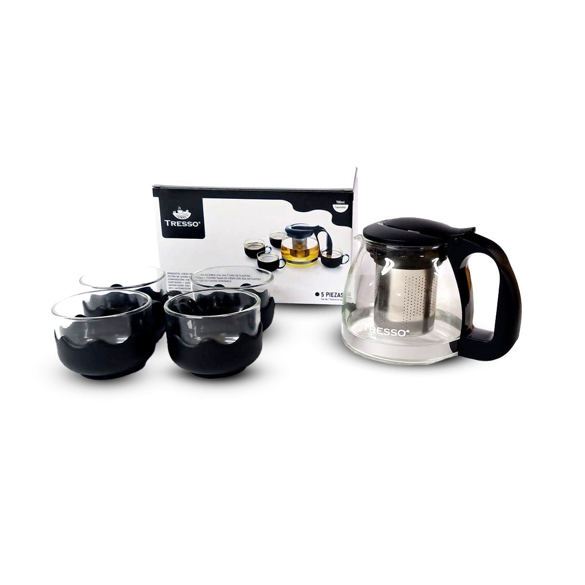 Set de Tetera de vidrio con Cuatro Tazas Color Negro - TRESSO® 