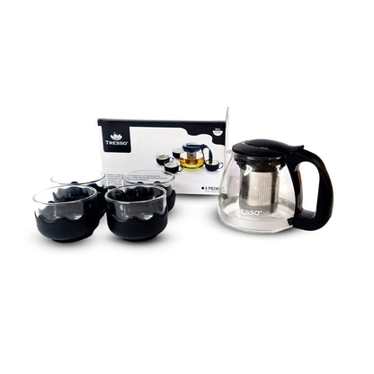 Set de Tetera de vidrio con Cuatro Tazas Color Negro - TRESSO® 