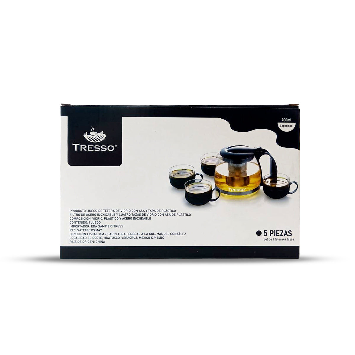 Set de Tetera de vidrio con Cuatro Tazas Color Negro - TRESSO® 