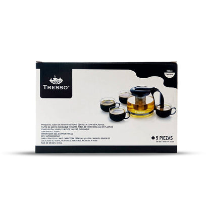 Set de Tetera de vidrio con Cuatro Tazas Color Negro - TRESSO® 