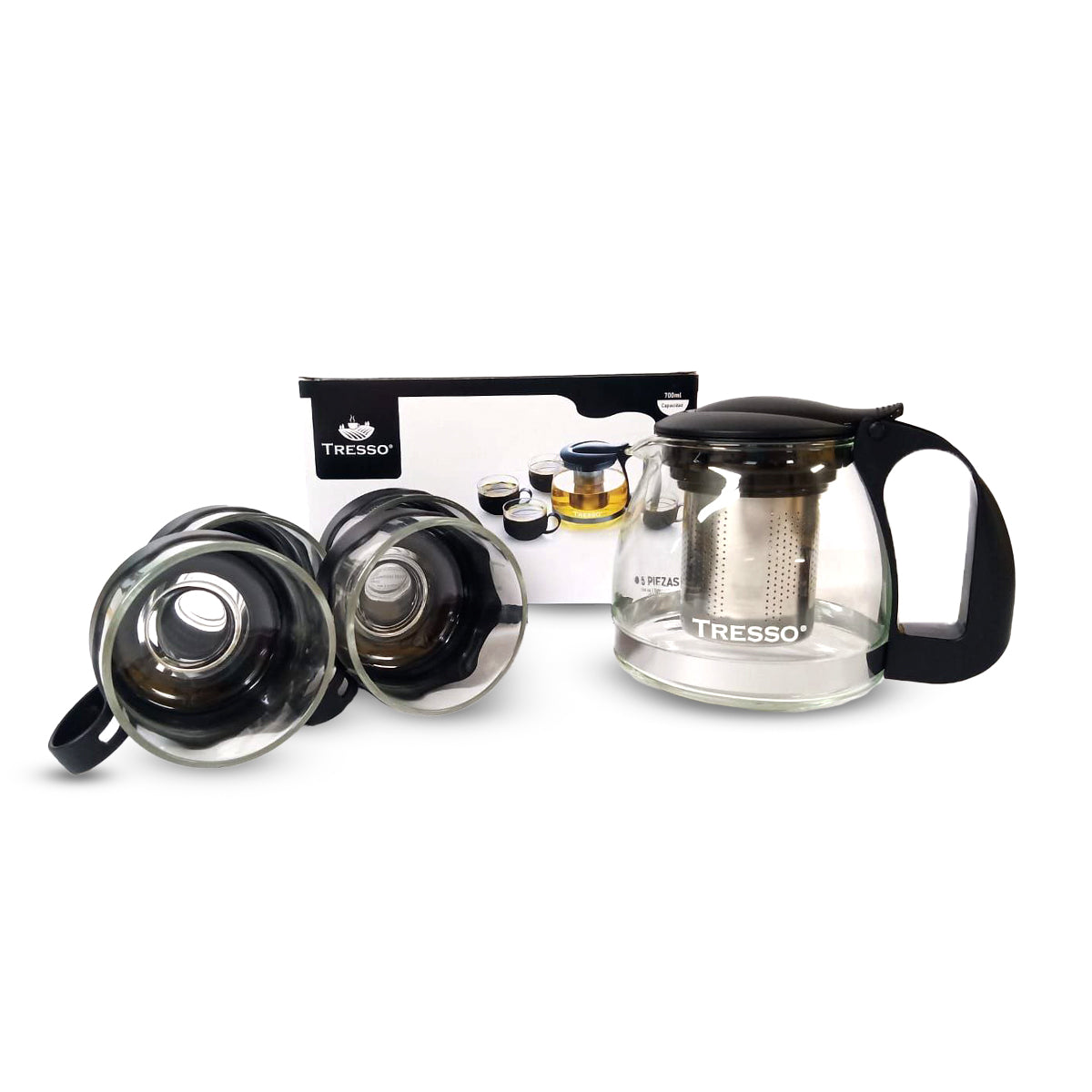 Set de Tetera de vidrio con Cuatro Tazas Color Negro - TRESSO® 